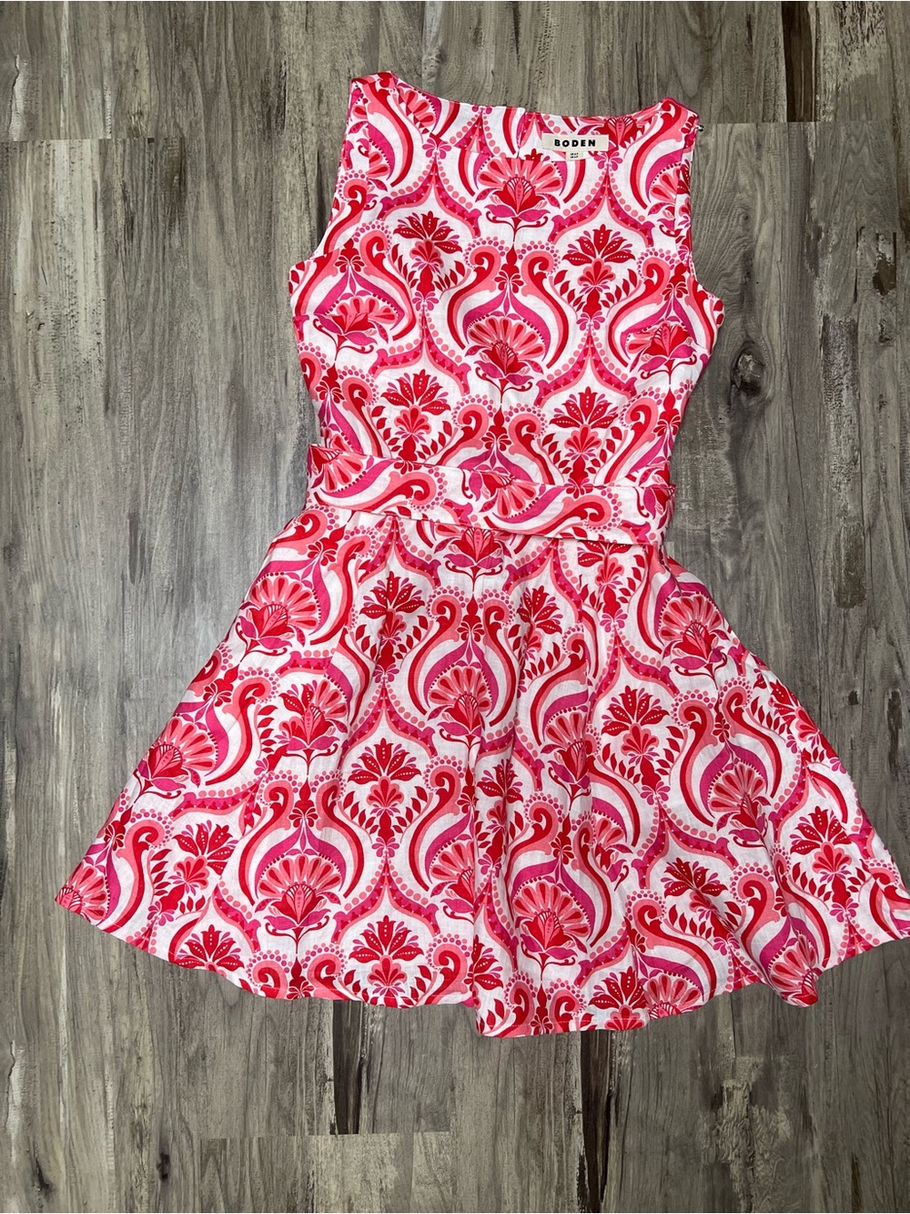 Boden Anya Sleeveless Linen Dress 2P Red Pink Ornamental Floral Belted
